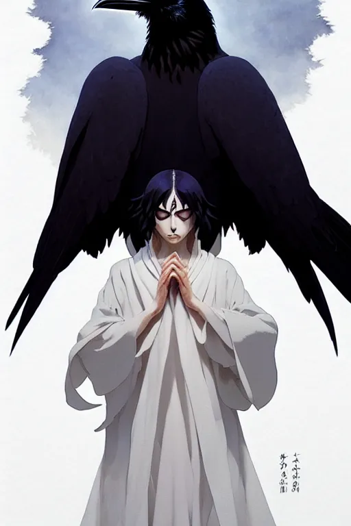 Image similar to raven headed warlock doing magic spells wind, white robes, finely detailed perfect face, exquisite details, mid view, design on a white background, by studio muti, greg rutkowski makoto shinkai takashi takeuchi studio ghibli