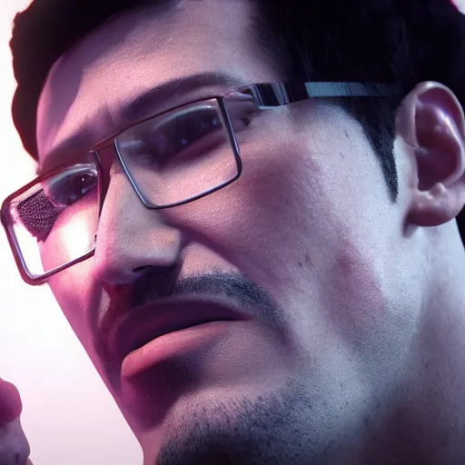 Image similar to 3 d render of markiplier smoking a cigarette, unreal engine, dslr, award winning, 8 k, octane beautifully detailed render, cold lighting, cinematic lighting, detailed photo,