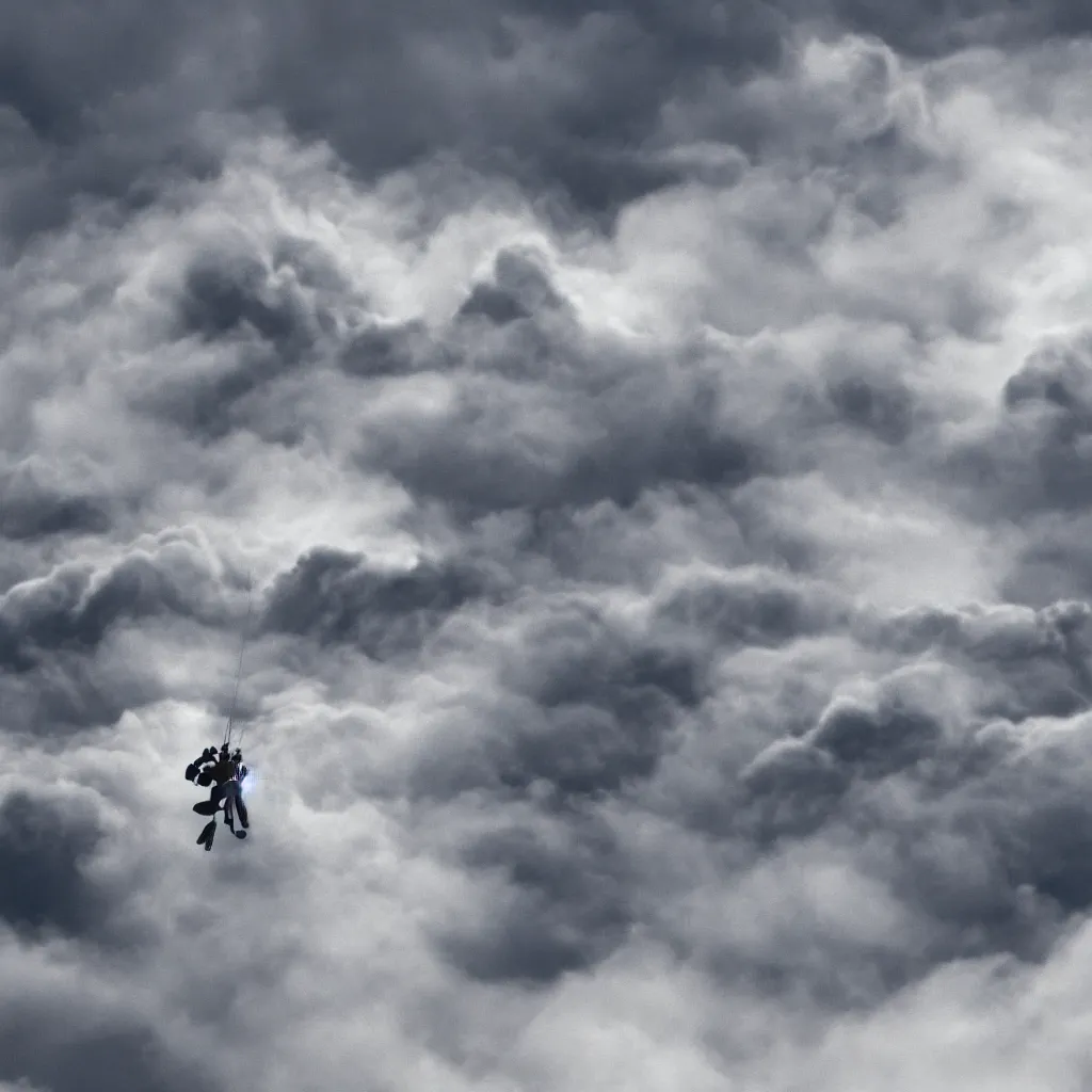 Image similar to a scubadiver floating above the clouds, closeup, digital illustration