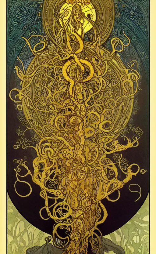 Image similar to Hastur the King in Yellow, art nouveau horror artwork of an eldritch lovecraftian elder god, by alphonse mucha, Adolfo Hohenstein, Alice Russell Glenny, greg rutkowski, 4k, trending on artstation, smooth, sharp focus