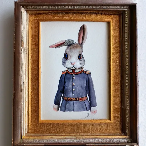 Prompt: a rabbit wearing a white ww1 uniform, watercolour