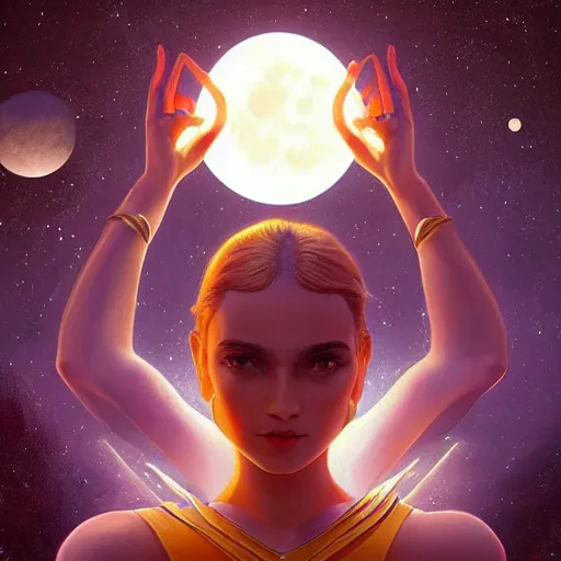 Prompt: artemis holding the moon, closeup, digital art, tarot card, symmetrical portrait!!, trending on cgsociety, contest winner, digital art, intricate, by beeple, artgerm, rutkowski, mumford, bussiere, villeneuve, symmetry!!