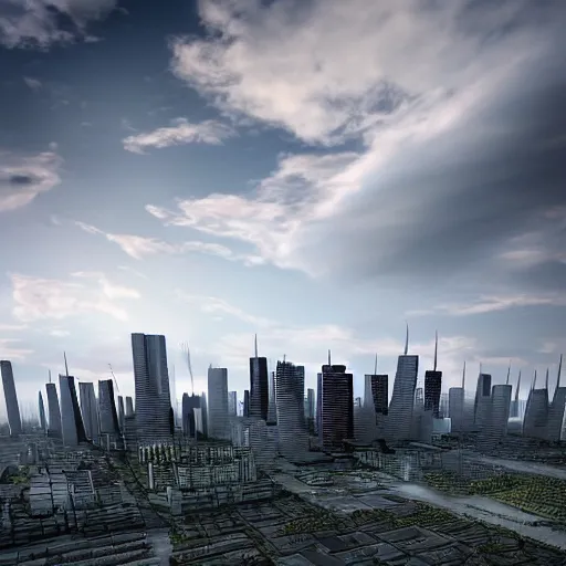 Image similar to Clouds rolling in over a cityscape, with the skyline visible in the distance, rendered in 3D.