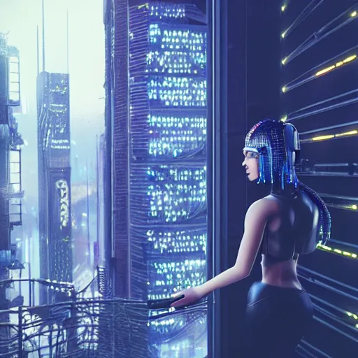 Prompt: ultra realistic and intricate detailed photograph of a cyberpunk woman standing on a balcony looking out at the city, neon, cyberpunk, technology, blade runner, artstation, unreal render, depth of field, ambient lighting, award winning, stunning