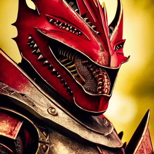 Image similar to a knight wearing full red armor, in the style of a dragon, spikes, wielding a whip, ultra realism, high detail, bokeh