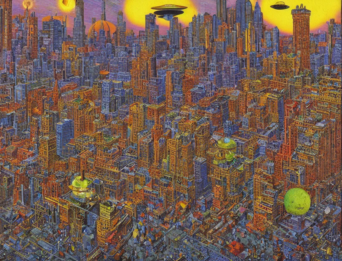 Image similar to ufo encounter in the city, by mati klarwein and moebius