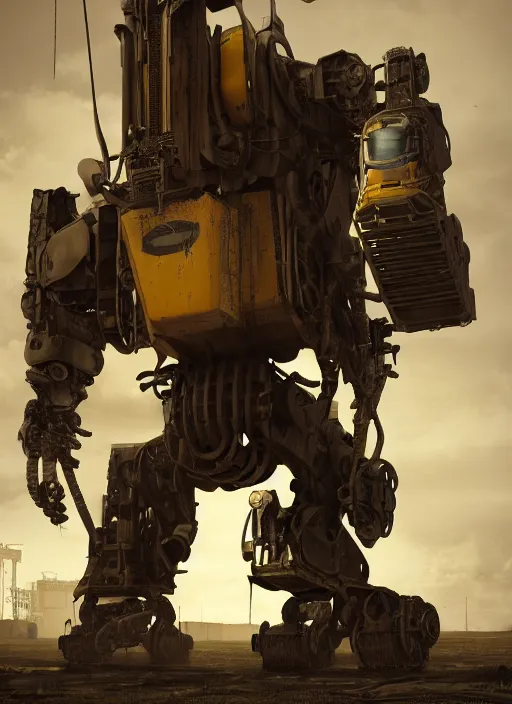 Image similar to a photorealistic dramatic hyperrealistic render of a futuristic exosuit power excavator heavy machinery, ultra realistic details, glossy yellow, well worn, rust, oil stains by vitaly bulgarov and mike nash, beautiful dramatic dark moody tones and lighting, cinematic atmosphere, studio lighting, global illumination, shadows, dark background, octane render, 8 k