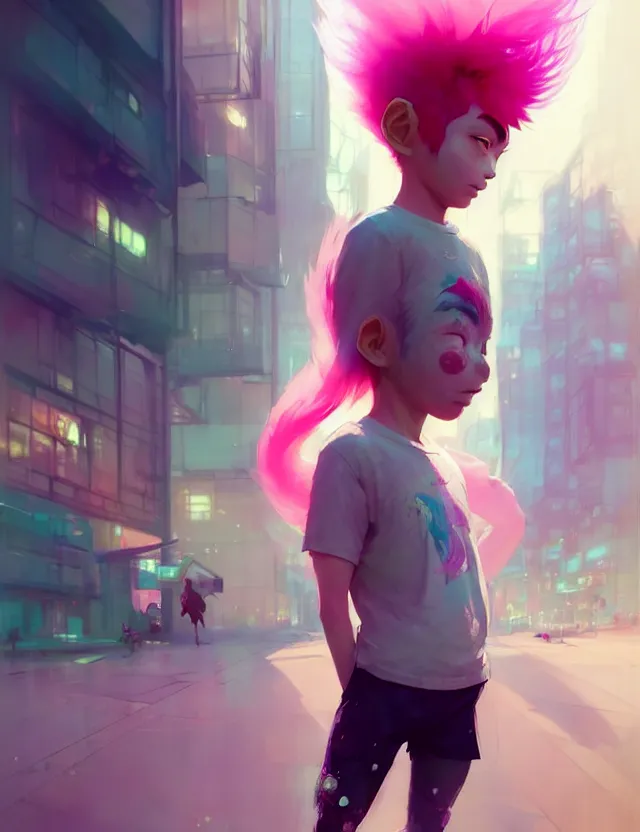 Image similar to a beautiful portrait of a cute boy with pink hair wearing tshirt and leggings under shorts in a city. character design by cory loftis, fenghua zhong, ryohei hase, ismail inceoglu and ruan jia. artstation, volumetric light, detailed, photorealistic, fantasy, rendered in octane