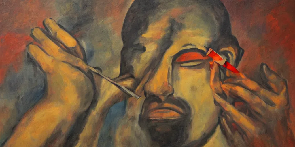 Prompt: abstract painting of a man removing a nail from his third eye