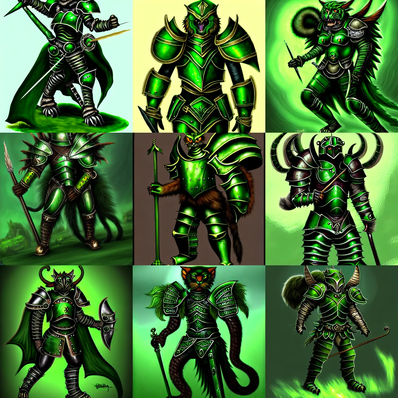 Prompt: green manticore in plate armor, fantasy art