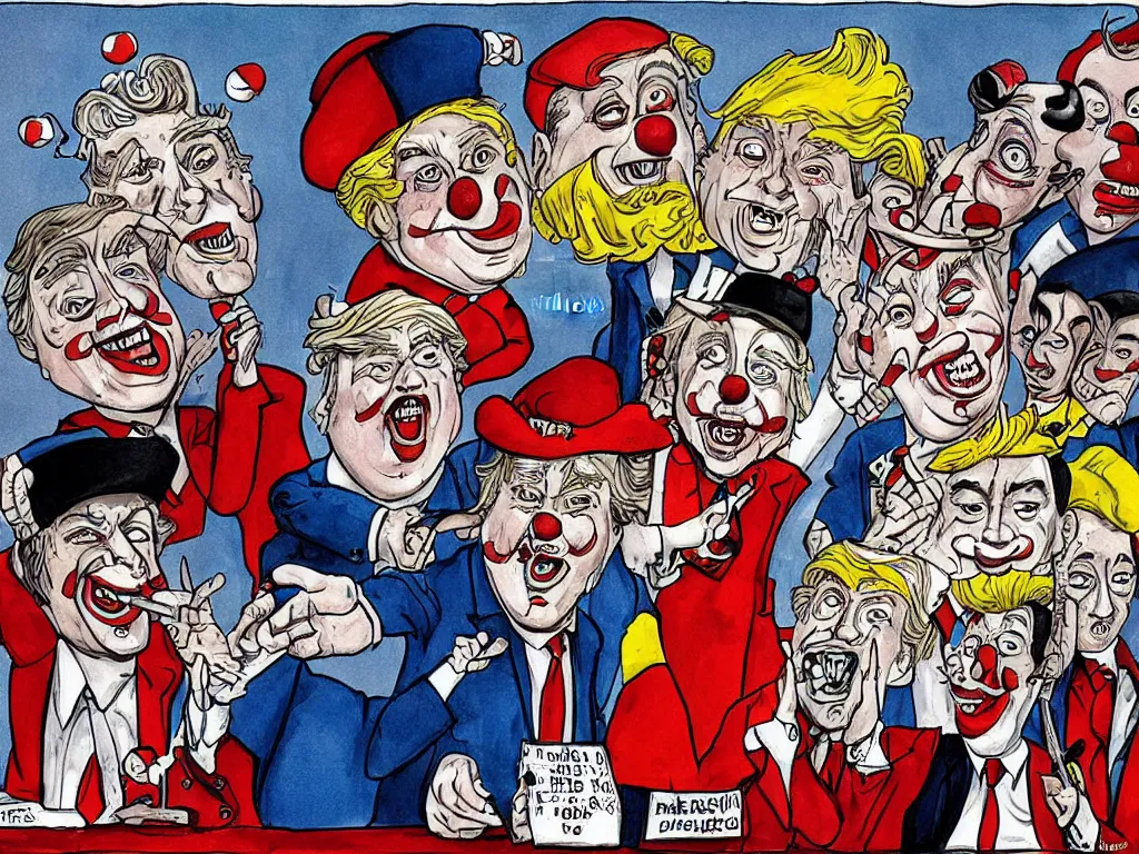 Image similar to political cartoon of trump as a clown, satire