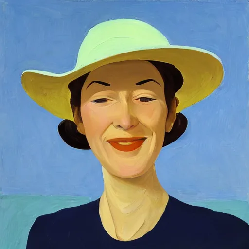 Image similar to woman with hat, by Alex Katz, colorful, smiling, oil on canvas