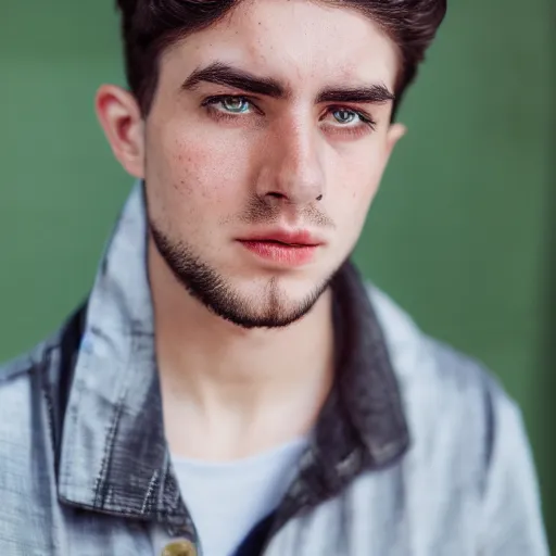 Image similar to young man, long hair, short facial hair, no mustache, dark green eyes, dark eyebrows, light widows peak light facial hair, canon eos r 3, f / 1. 4, iso 2 0 0, 1 / 1 6 0 s, 8 k, raw, unedited, symmetrical balance, in - frame