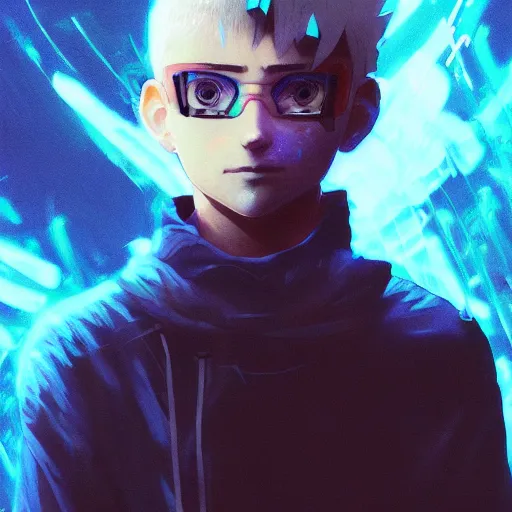 Image similar to killua zoldyck, edgy streetwear, techwear, cyberpunk style outfit, scifi, blue side lighting, detailed portrait, intricate complexity, by greg rutkowski, ross tran, conrad roset, takato yomamoto, ilya kuvshinov. 4 k, beautiful, aesthetic octane render, cinematic dramatic atmosphere