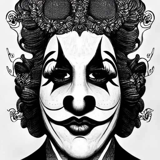 Image similar to black ink on paper, clown, trending on artstation, beautiful, intricate, detailed