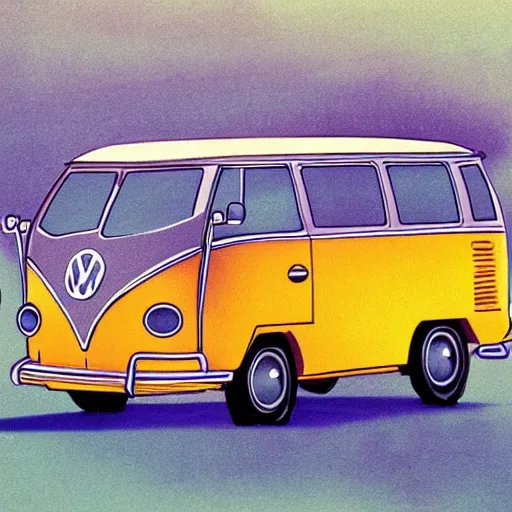 Image similar to illustration of an old van volkswagen, may 6 8, pastel colors, cool, hippie