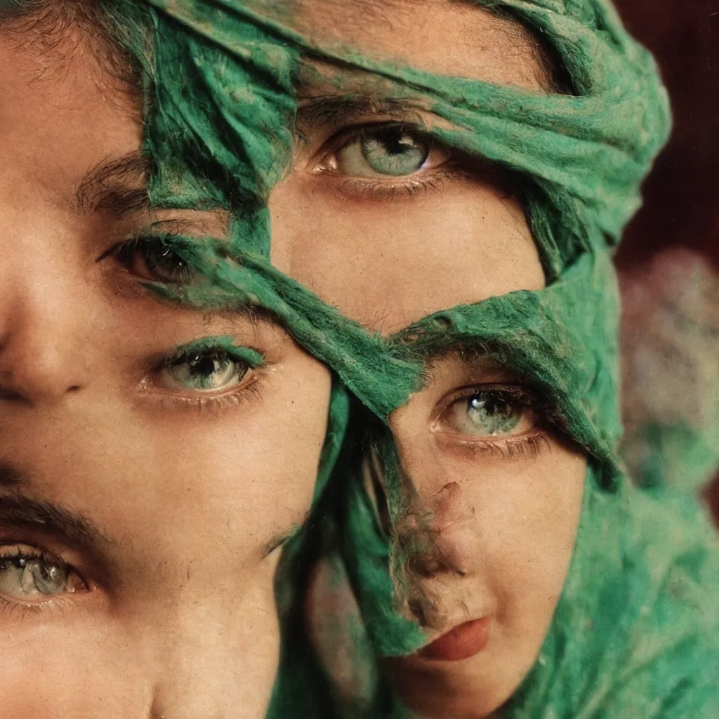 Image similar to a teenage girl og afghani descent with strikning green eyes stares into the camera with deep read headscarf. kodachrome