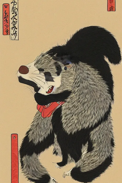 Image similar to ukiyo-e ukiyoe portrait of furry anthro anthropomorphic badger head animal person fursona wearing clothes sitting in a living room