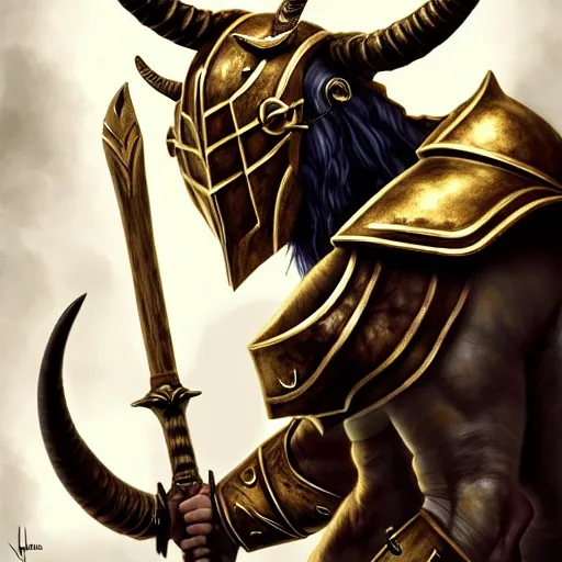 Image similar to Giant minotaur humanoid beast warrior with two handed axe, horned helmet, concept art, heavy white and golden armor, paladin, giant horns, portrait, dungeons and dragons, hyperrealism, high details, digital painting, dark fantasy