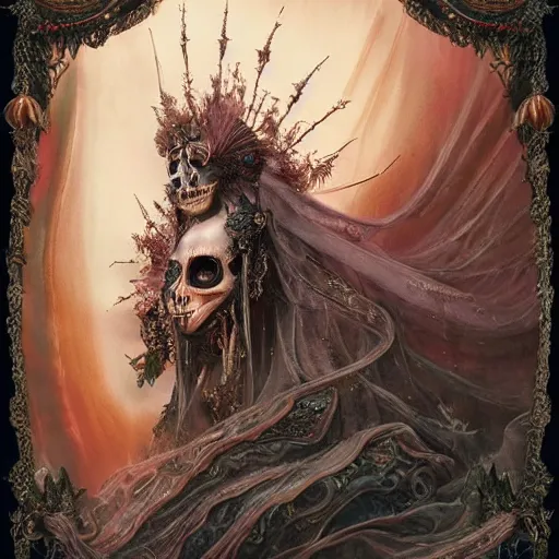 Image similar to a beautiful detailed 3d matte painting of female empress of the dead, by ellen jewett, tomasz alen kopera and Justin Gerard, symmetrical features, ominous, magical realism, texture, intricate, ornate, royally decorated, skull, skeleton, whirling smoke, embers, red adornements, red torn fabric, radiant colors, fantasy, trending on artstation, volumetric lighting, micro details, 3d sculpture, ray tracing, 8k