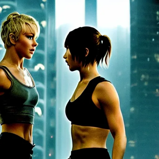 Image similar to julianne hough and jennifer lawrence fighting by ridley scott, secret agents, wearing black shorts, wearing black boots, wearing a cropped tops, blade runner, highly detailed, action movie still, intense, sharp focus, cyberpunk, hq