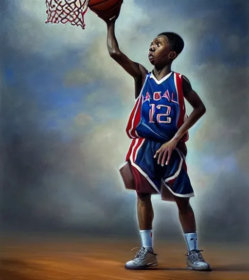 Image similar to portrait of a boy at a basketball court playing basketball wearing a basketball uniform in a basketball court standing near the basketball hoop, painted in 1776, intense emotion, detailed facial expression, detailed surroundings, intricate, elegant, highly detailed, centered, digital painting, artstation, concept art, smooth, sharp focus, illustration, by (Peter Mohrbacher), WLOP
