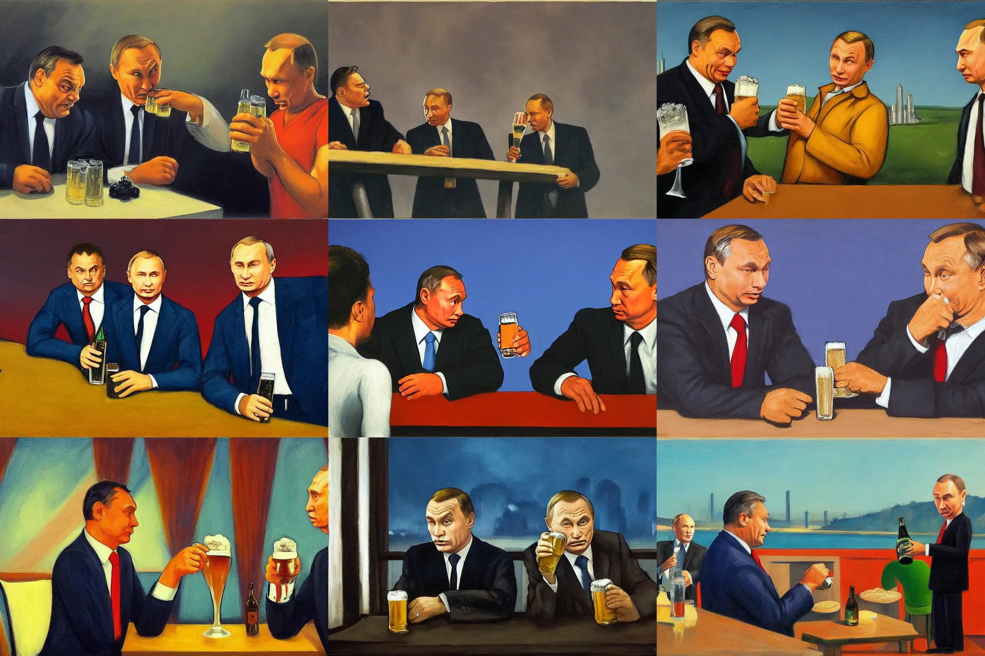 Prompt: viktor orban and putin drinking beer in front of a burning city, in the style of edward hopper, highly detailed face