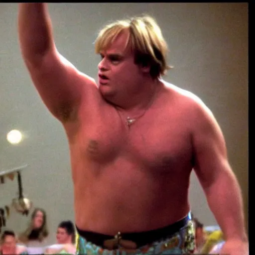 Prompt: chris farley dancing without a shirt on, very detailed