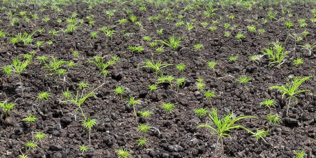 Prompt: alien landscape where strange plants have begun to grow