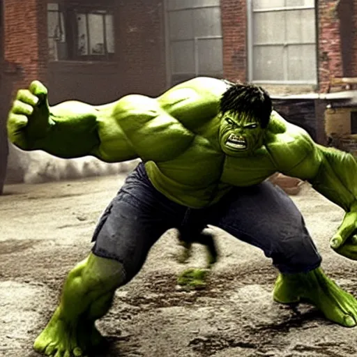 Prompt: the hulk in a zombies movie