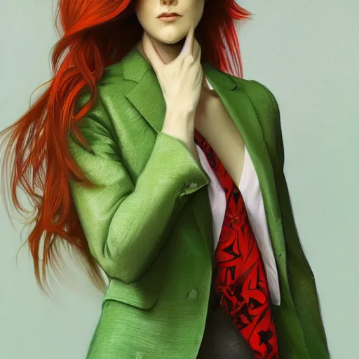 Prompt: full figure ultra realistic illustration, evan rachel wood with green skin and red hair wearing a green blazer, intricate, elegant, highly detailed, digital painting, artstation, concept art, smooth, sharp focus, illustration, art by artgerm and greg rutkowski and alphonse mucha