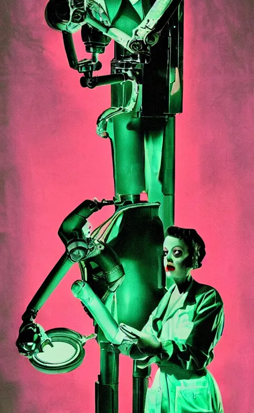 Prompt: A female mad scientist in a darkly lit laboratory constructing a robot suited man, 1950s horror film movie poster style, saturated pink and green lighting