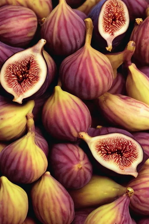 Image similar to Photo print of figs lying on a beige silk cloth, food photography, award winning, highly detailed, 4k, 1970s National Geographic.