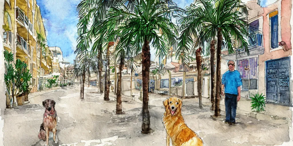 Image similar to portrait golden retriever dog standing in tel aviv street looking at the camera. palm trees. optimistic. digital art. watercolor. highly detailed. drawing. art. colorful. fluffy