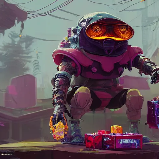 Image similar to pepe sitting on a loot box full of crystals, wadim kashin, simon stalenhag, featured in artstation, octane render, cinematic, elegant, intricate