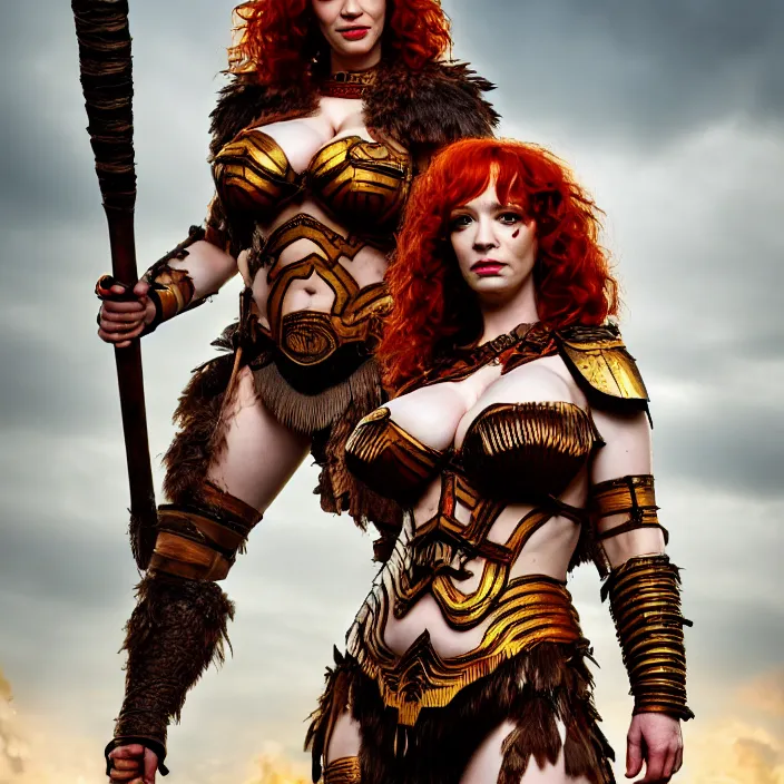 Prompt: full body photograph of christina hendricks as a amazon warrior. Extremely detailed. 8k