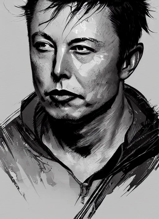 Prompt: highly detailed portrait of elon musk, by Dustin Nguyen, Akihiko Yoshida, Greg Tocchini, Greg Rutkowski, Cliff Chiang, 4k resolution, nier:automata inspired, bravely default inspired, vibrant but dreary red, black and white color scheme!!!