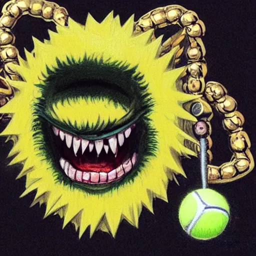 Image similar to a tennis ball monster , balaclava, hip hop, gold chain necklace, diamond teeth, digital art, fantasy, magic, trending on artstation, ultra detailed, professional illustration by Basil Gogos