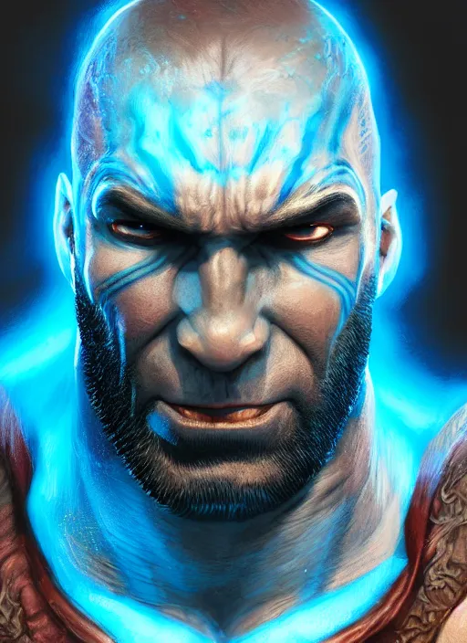 Prompt: A fantasy comic book style portrait painting of Dave Bautista as a blue orc mage, unreal 5, DAZ, hyperrealistic, octane render, RPG portrait, dynamic lighting