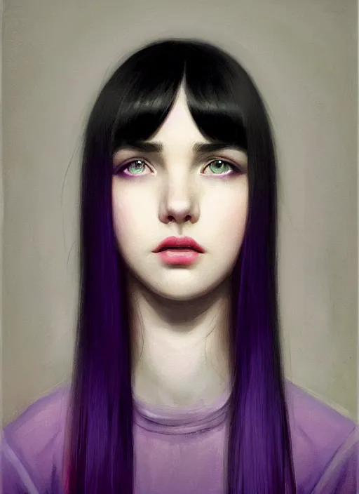 Image similar to portrait of teenage girl with white bangs, red irises, black hair, purple clothes, white bangs, bangs are different color from hair, intricate, front of hair is white rest is black, elegant, glowing lights, highly detailed, digital painting, artstation, concept art, smooth, sharp focus, illustration, art by wlop, mars ravelo and greg rutkowski