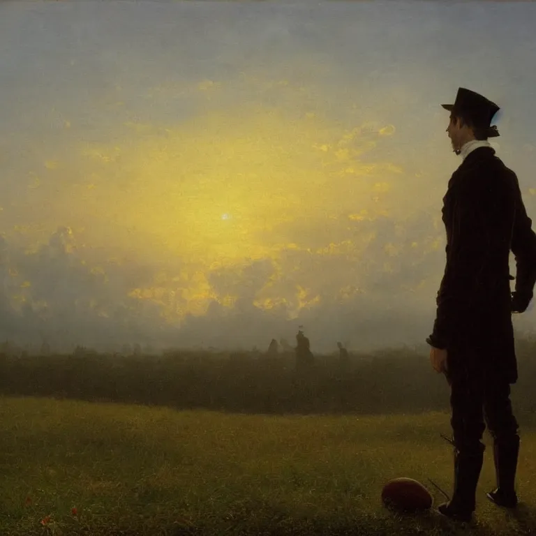 Image similar to romantic painting, wide shot of a lone gentleman in 1 9 th century clothing watching an enormous television screen playing a football game in front of a shocking sunrise, highly detailed, sublime, hyperrealistic, painted by caspar david friedrich and albert bierstadt, trending on artstation 8 k