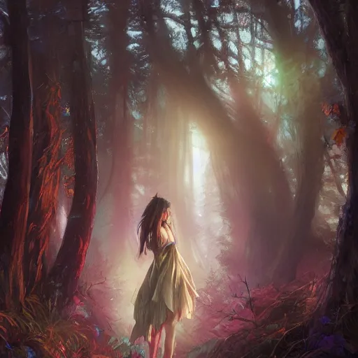 Prompt: girl druid in a dark moonlit forest, irish, expressive oil painting, volumetrics, beautiful face, druid staff, detailed, by Dan Mumford, by Artgerm, by Yoshitaka Amano, matte art, digital art