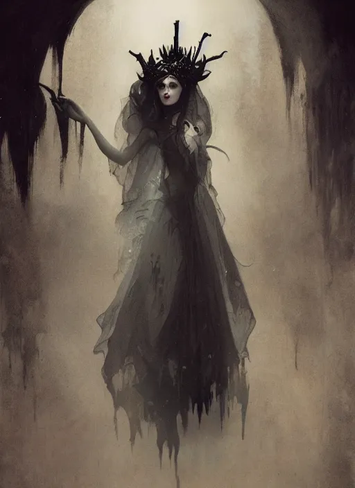 Image similar to hyper realistic photo of baroque dark goth queen ethereal ghost full body, rule of thirds, cinematic, greg rutkowski, brom, james gurney, mignola, craig mullins