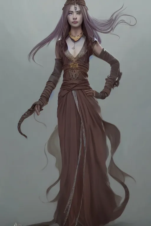 Prompt: a full body portrait of a gorgeous female monk, D&D, choker on neck, face visible, stylish dress, very long flowing hair, intricate, elegant, stylish, cute slightly nerdy smile, mouth slightly open, fantasy, highly detailed, digital painting, artstation, concept art, smooth, sharp focus, illustration, art by artgerm and greg rutkowski and alphonse mucha