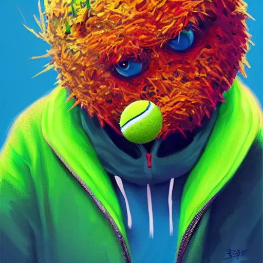 Image similar to a tennis ball monster wearing a hoodie ,tennis ball, tennis racket, colorful, digital art, fantasy, magic, trending on artstation, ultra detailed, professional illustration by Basil Gogos