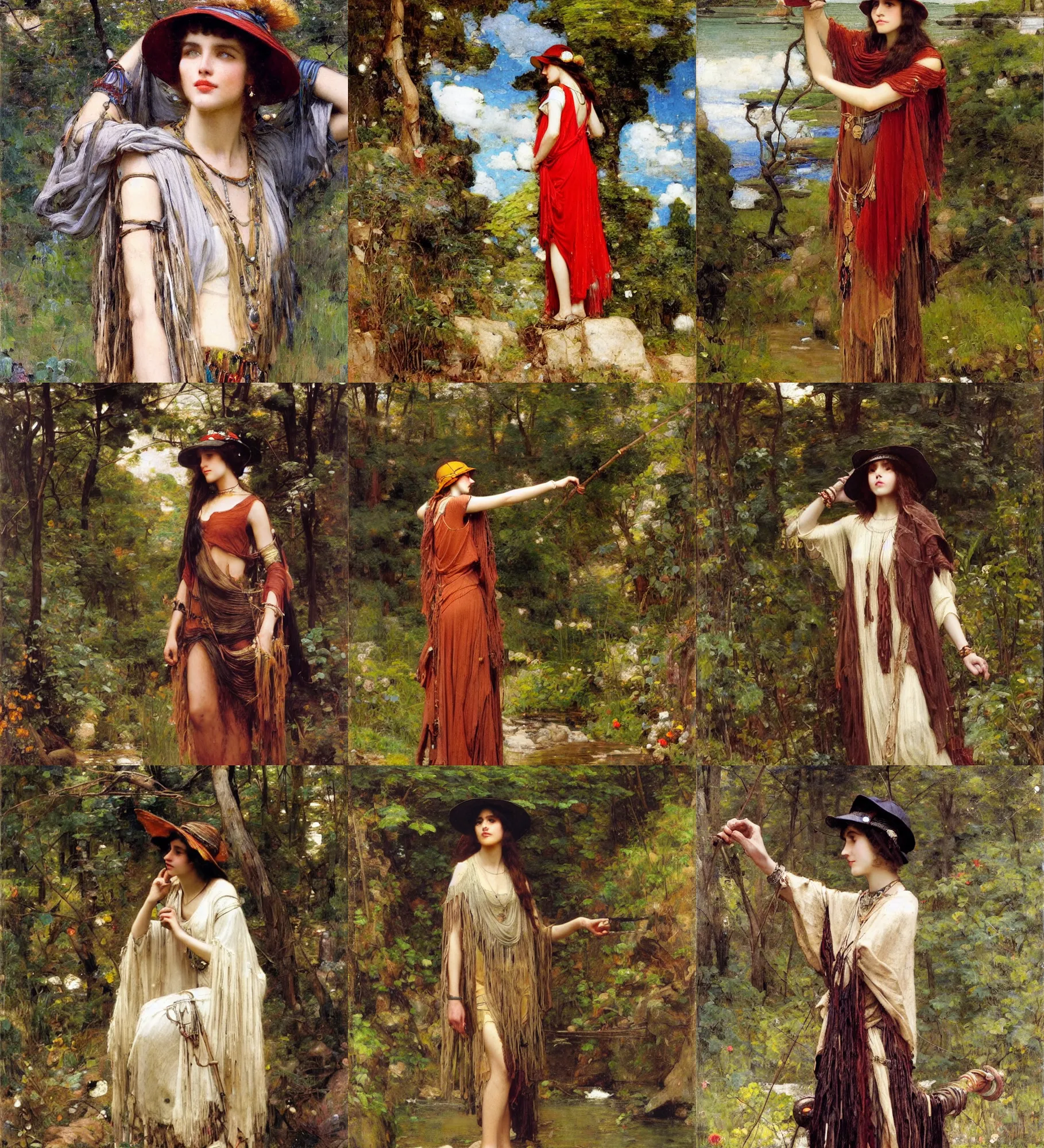 Prompt: fashionable young woman wearing hat and boho poncho in nature, rich jewerly artwork by john william waterhouse and Edwin Longsden Long and Theodore Ralli and Henryk Siemiradzki, levitation, industrial rusty pipes, simple form, brutal shapes