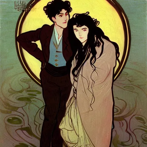 Image similar to painting of young cute handsome beautiful dark medium wavy hair man in his 2 0 s named shadow taehyung and cute handsome beautiful min - jun together at the halloween! party, bubbling cauldron!, candles!, smoke, autumn! colors, elegant, wearing suits!, clothes!, delicate facial features, art by alphonse mucha, vincent van gogh, egon schiele