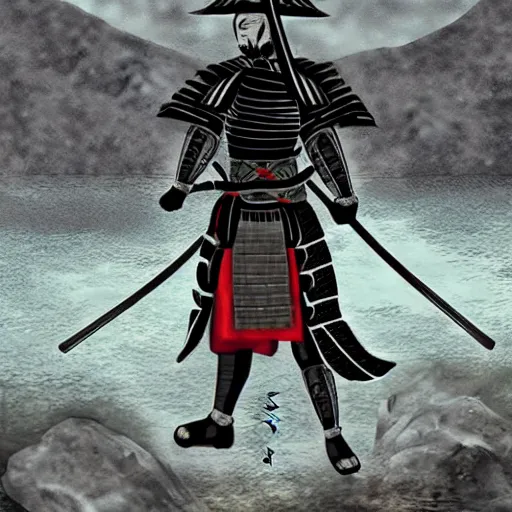 Prompt: japanese samurai boss inspired from dark souls 3 near a river, digital illustration, highly detailed art, 8k image quality, full body camera shot