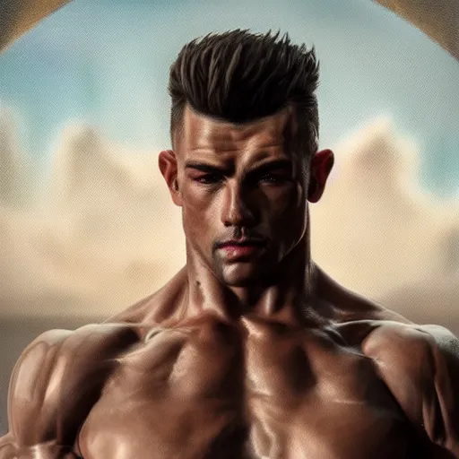 Image similar to a beautiful muscular man, close up portrait, aesthetic, oil painting, pale colors, high detail, 8 k, wide angle, octane render, trending on artstation,