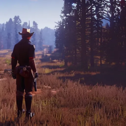 Image similar to video game screenshot of an anthropomorphic fox wearing western sheriff outfit as a character in red dead redemption 2